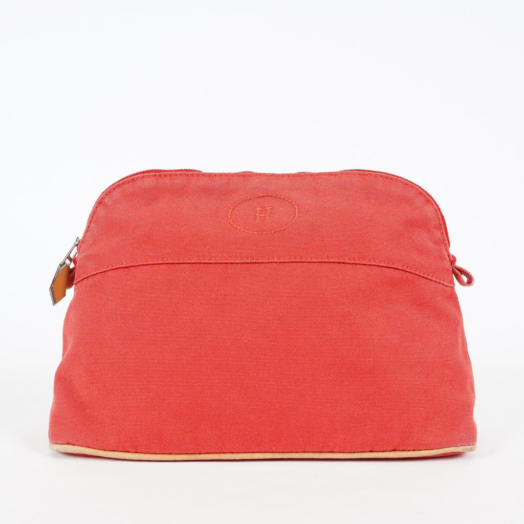 Hermes Bolide Pouch 27 Red Canvas Leather Trim Zip Cosmetic Bag Used 08E26825007