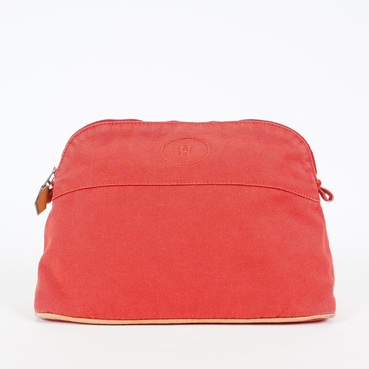 Hermes Bolide Pouch 27 Red Canvas Leather Trim Zip Cosmetic Bag Used 08E26825007