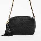 Chanel Satin Leather CC Fringe Chain Shoulder Bag Black Used 07E058800027