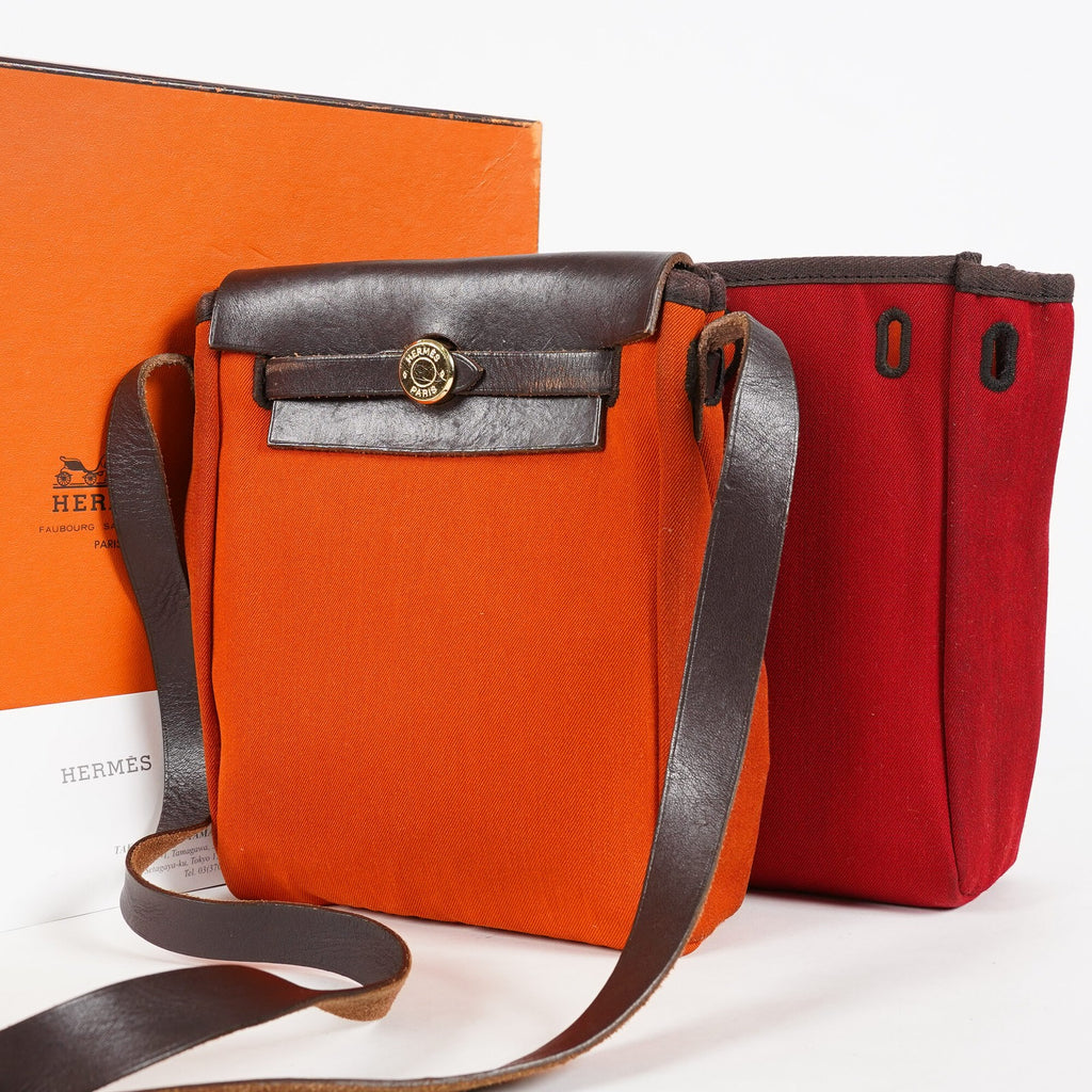 Hermes Herbag TPM Toile Canvas Leather Orange 2way Handbag Bag 07E275500012