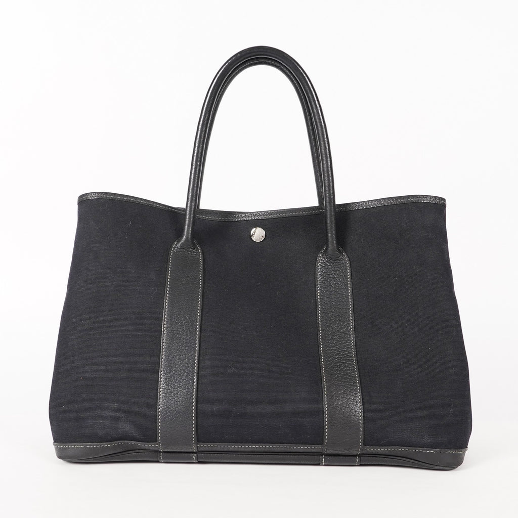 Authentic Hermes Garden Party MM Canvas Leather Tote Bag  black 02E036820003