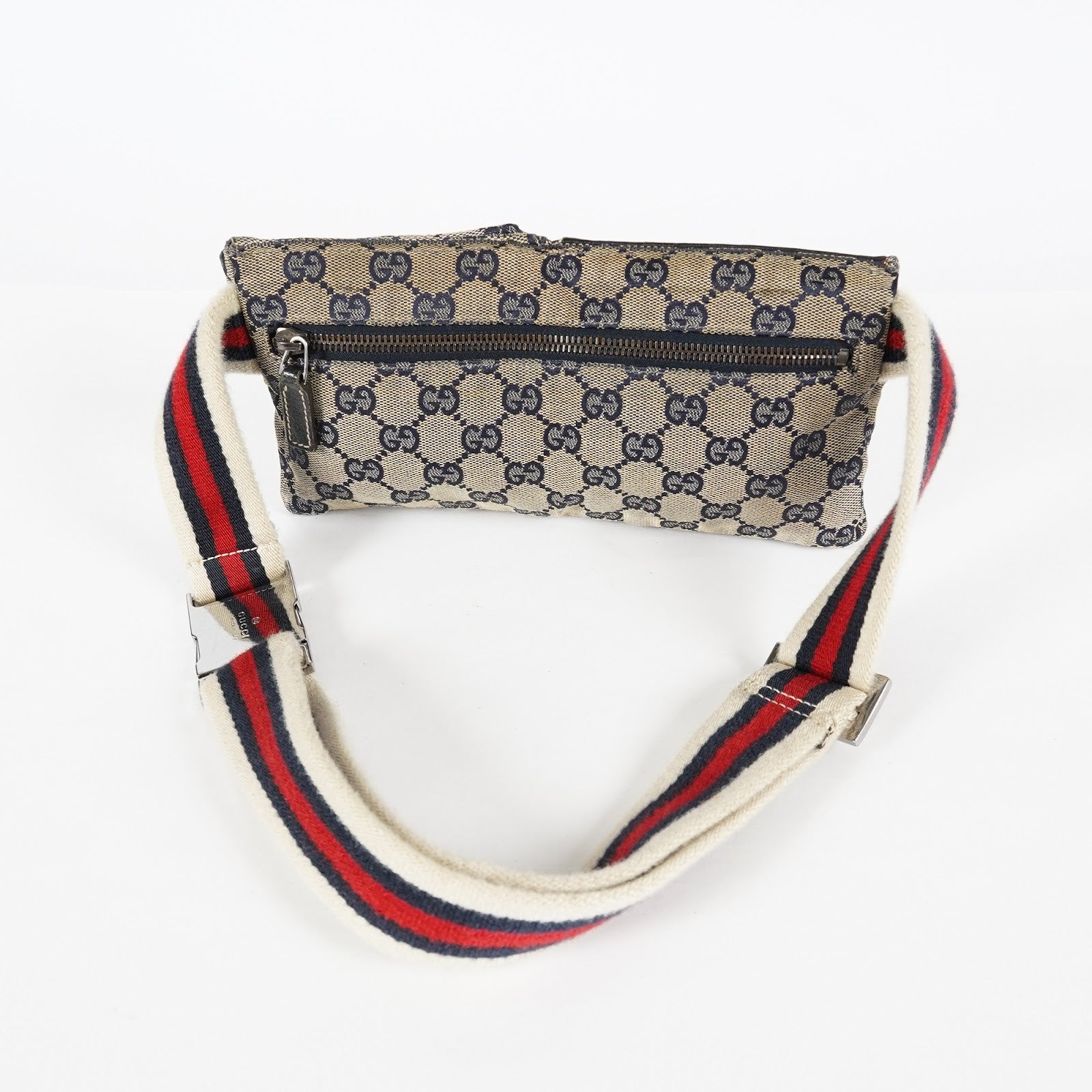 GUCCI GG Canvas Waist Belt Bag Beige Navy Sherry Web Vintage Used 08E162530010