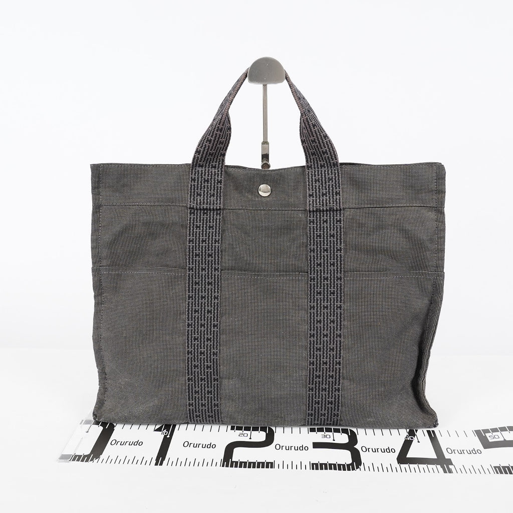 HERMES Herline Tote MM Gray H Pattern Canvas Handbag Authentic 08E35825010