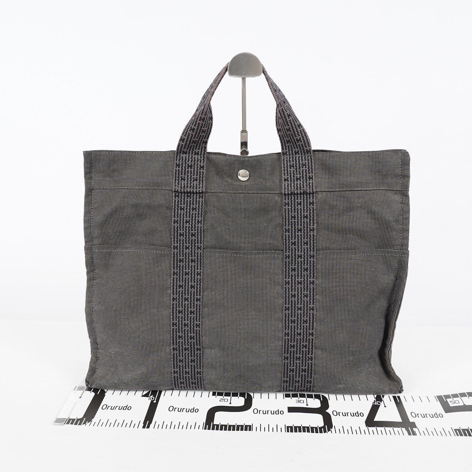 HERMES Herline Tote MM Gray H Pattern Canvas Handbag Authentic 08E35825010