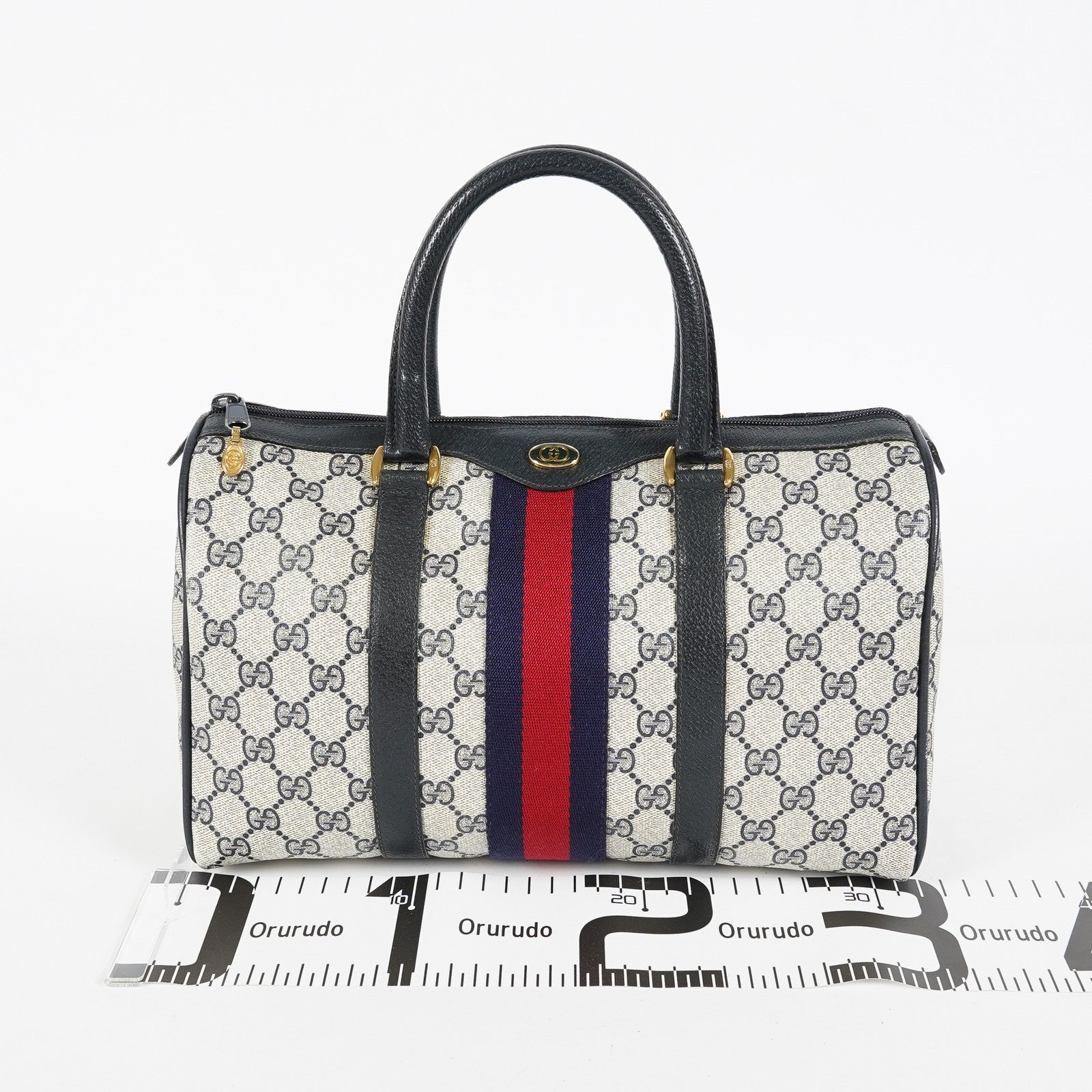 Gucci Vintage GG Supreme Sherry Web Mini Boston Bag Navy Leather 07E043410017