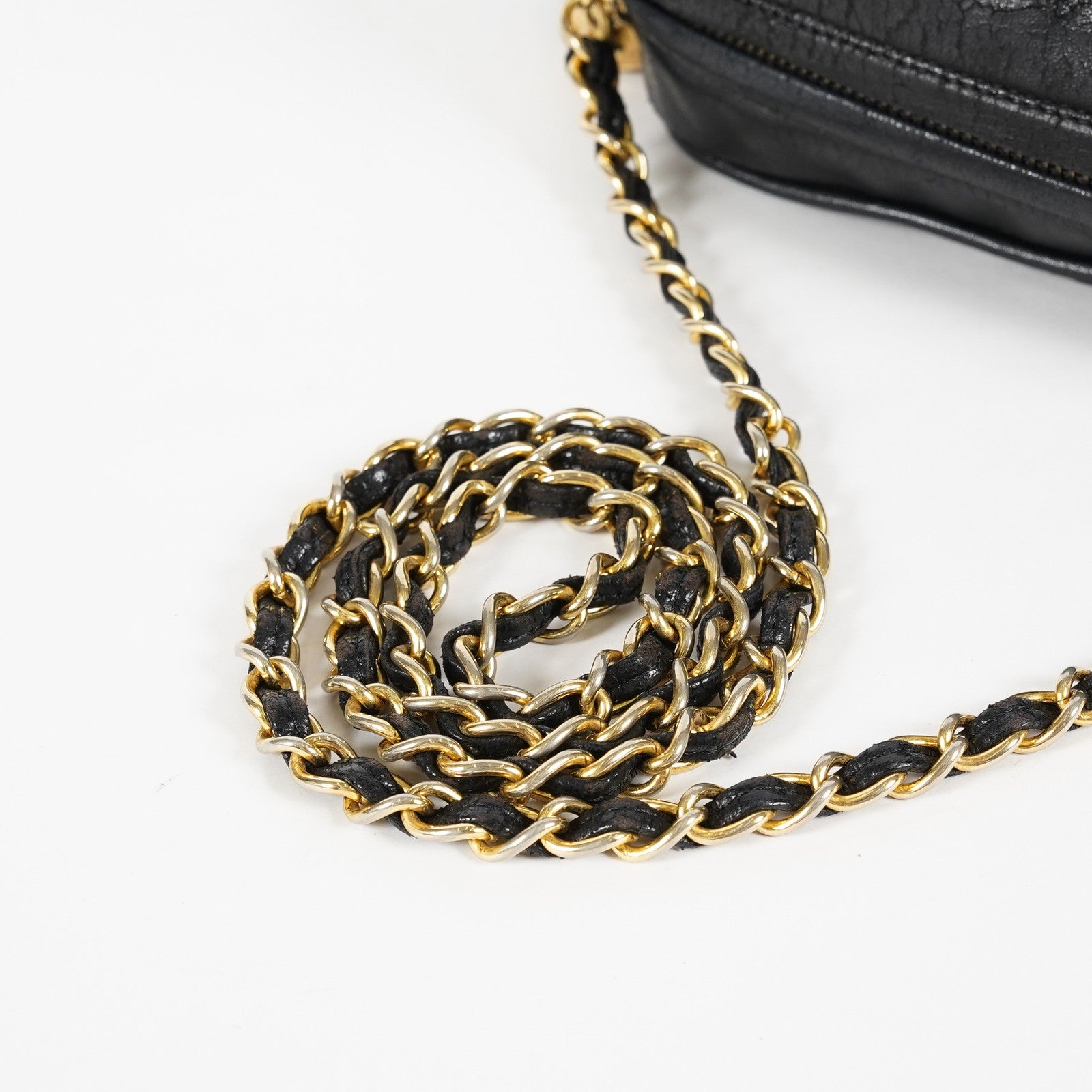 Chanel Satin Leather CC Fringe Chain Shoulder Bag Black Used 07E058800027