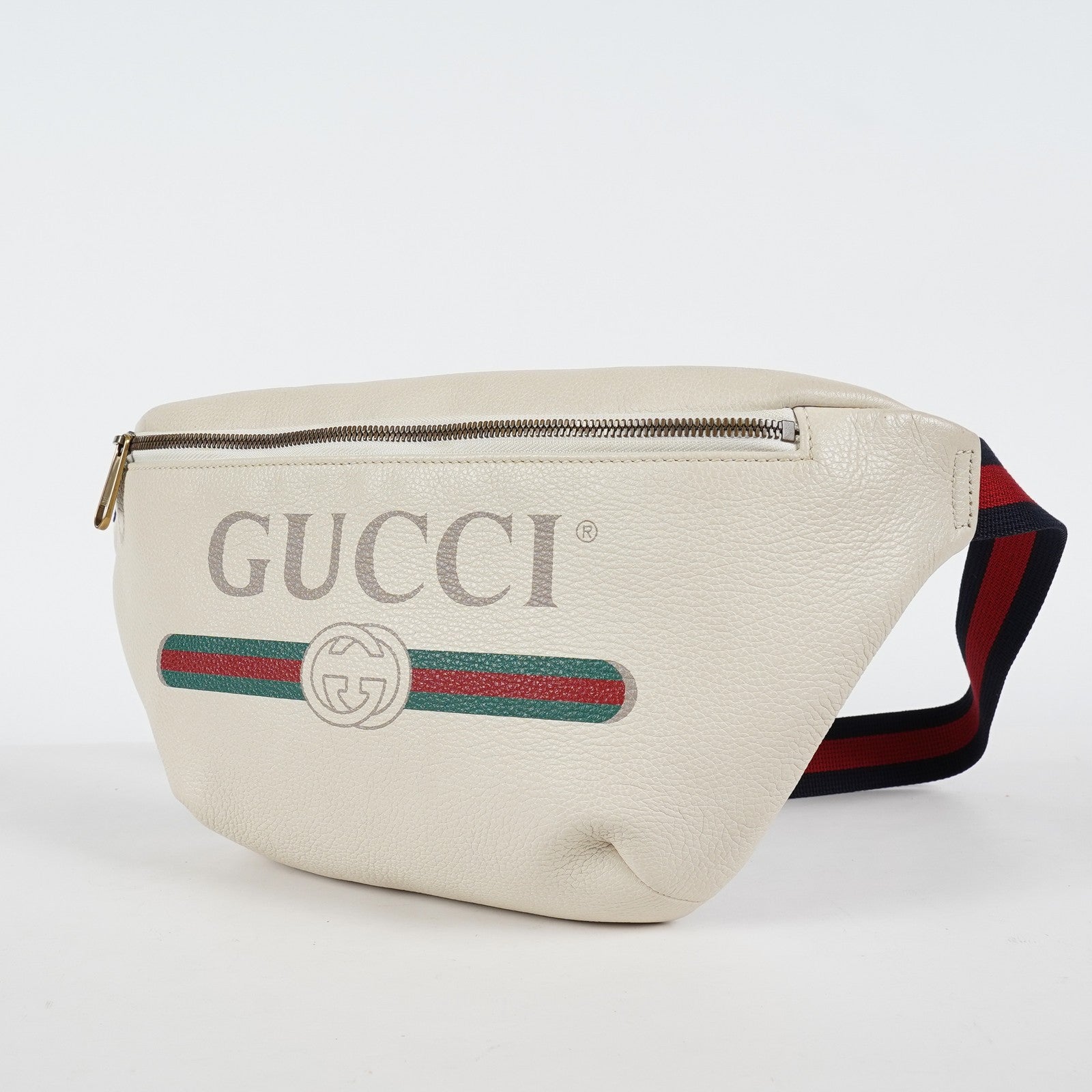 Gucci Print Belt Bag White Leather Waist Bag Web Strap Used 530412 07E013850017