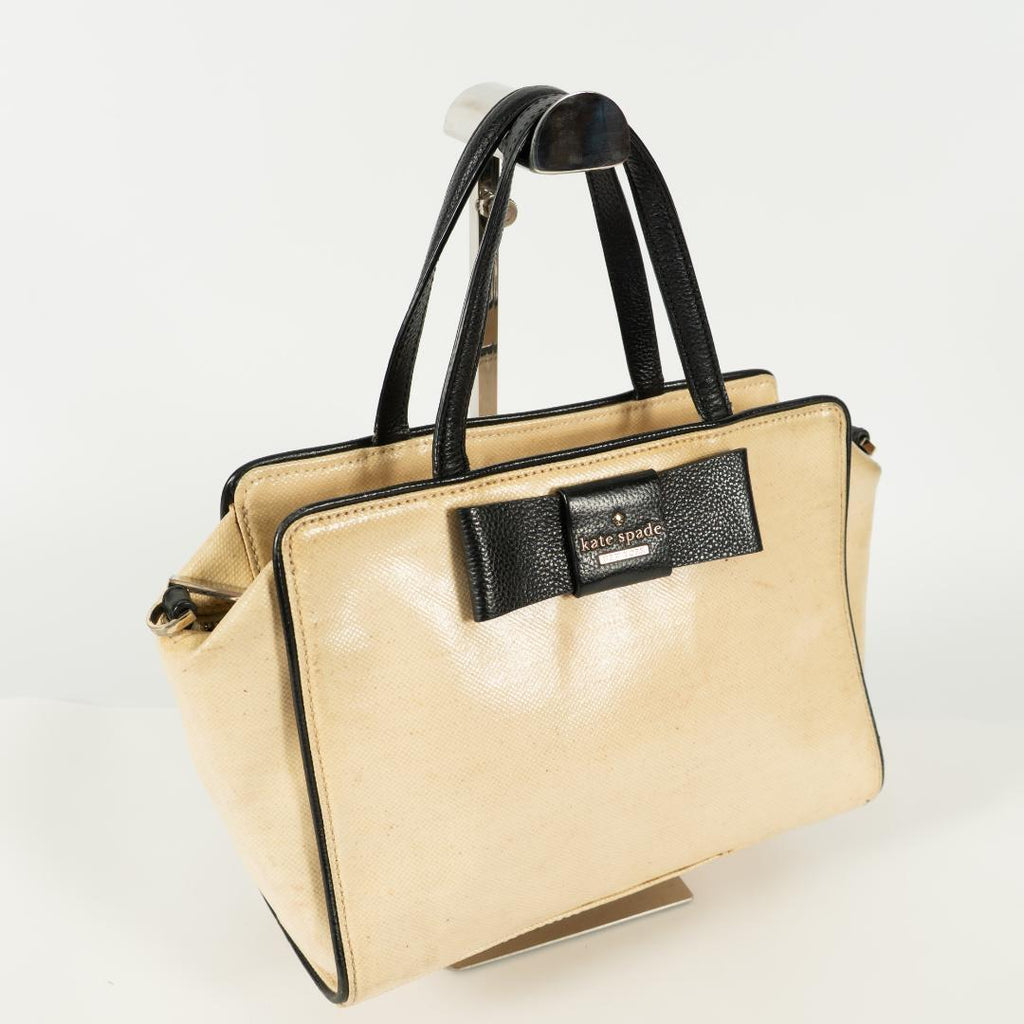 kate spade handbag beige black with bow gold logo plate leather 225243940936