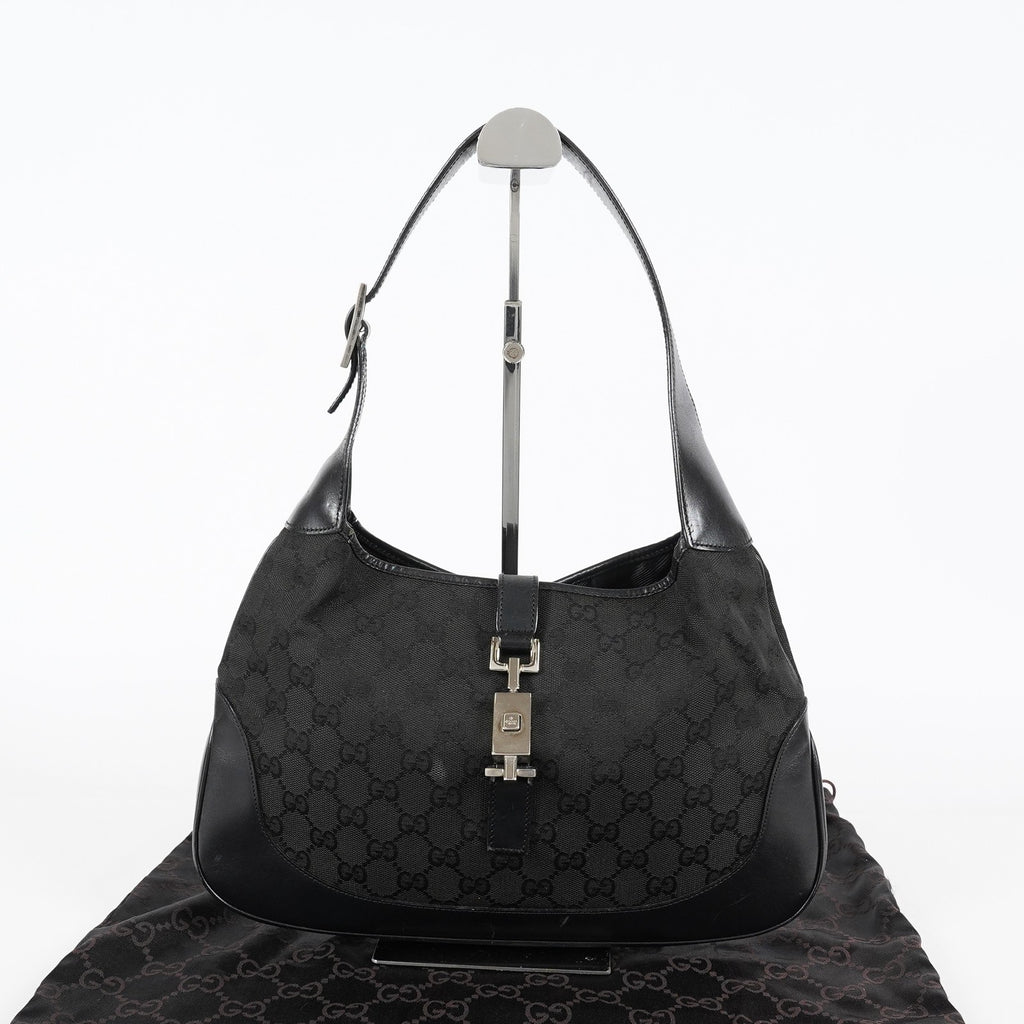 Gucci GG Canvas Shoulder Bag 30cm Black Leather Trim Vintage Used 07E263740009