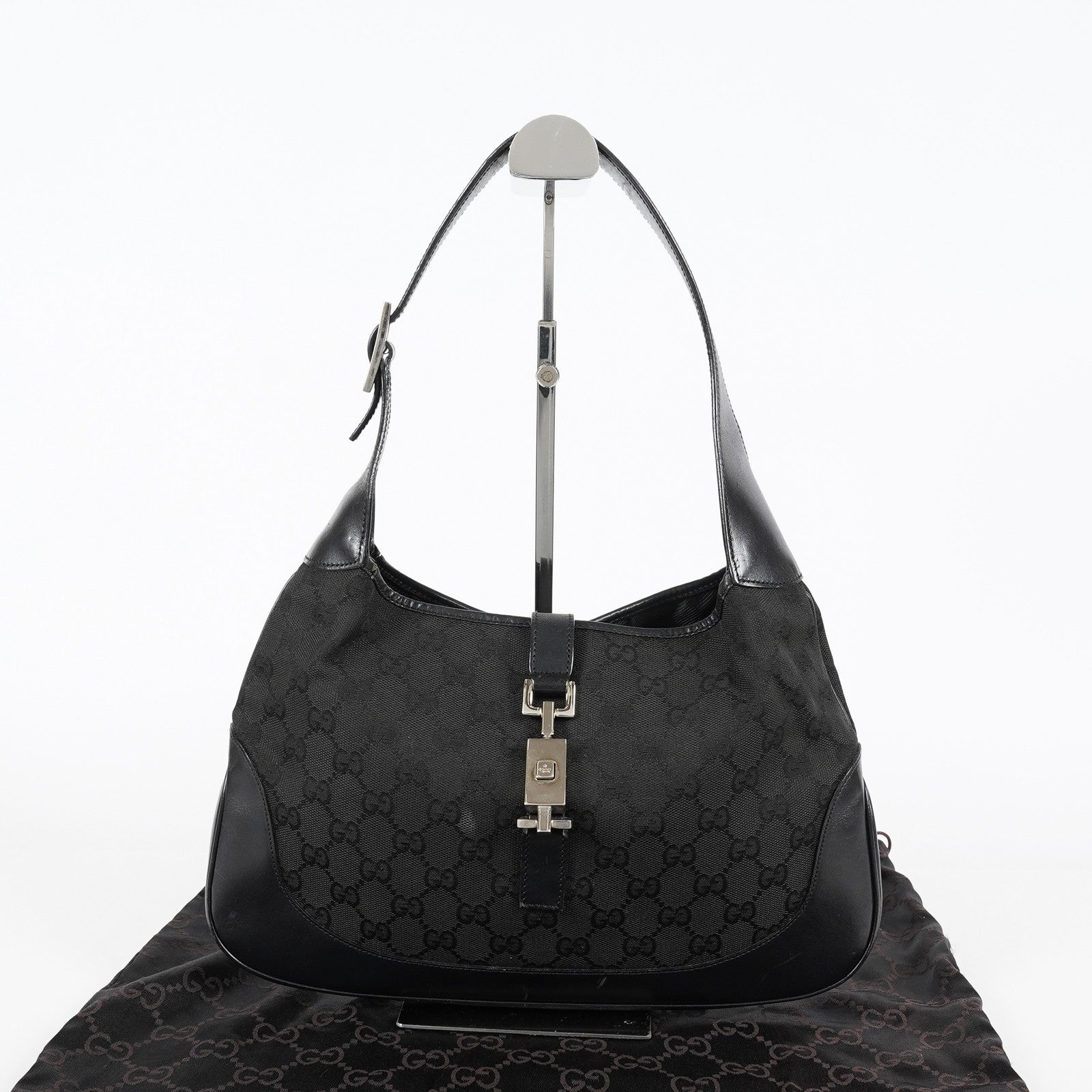 Gucci GG Canvas Shoulder Bag 30cm Black Leather Trim Vintage Used 07E263740009