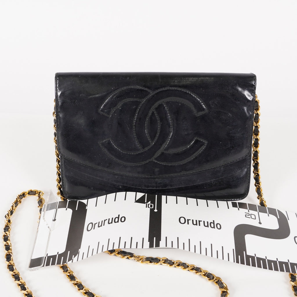 Chanel Coco Mark Shoulder Chain Wallet Black Women's Enamel vintage 05E294730016