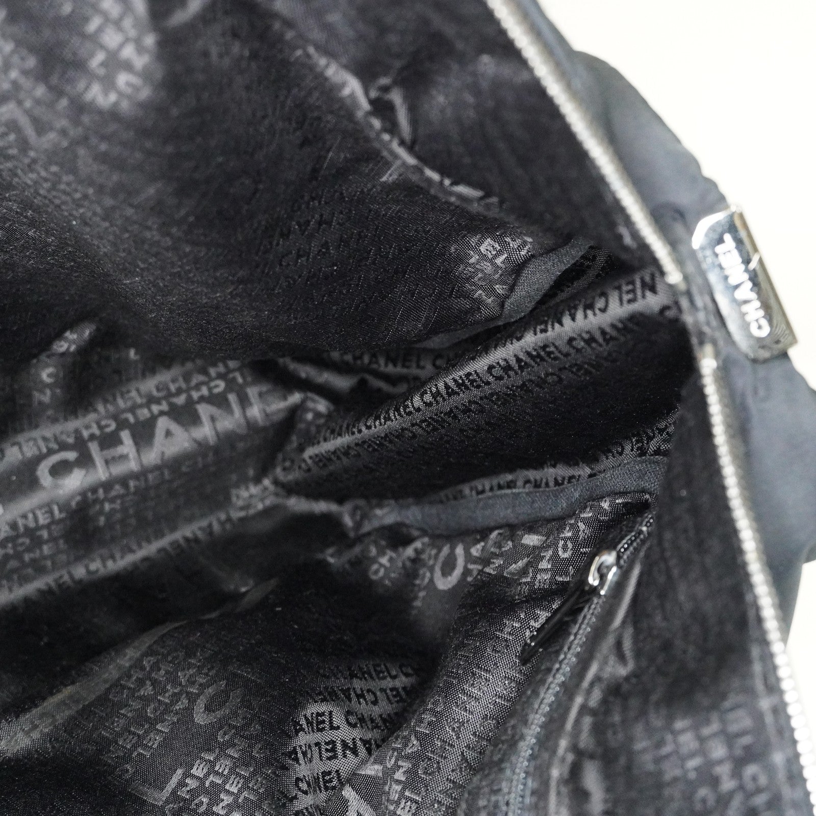 CHANEL Chocolate Bar Nylon Mini Boston Handbag Black Silver HW Used 07E314180008
